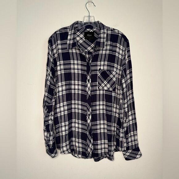 Rails Hunter Plaid Navy Blue Rayon Western Grunge Shirt Blouse Sz L - Picture 2 of 7